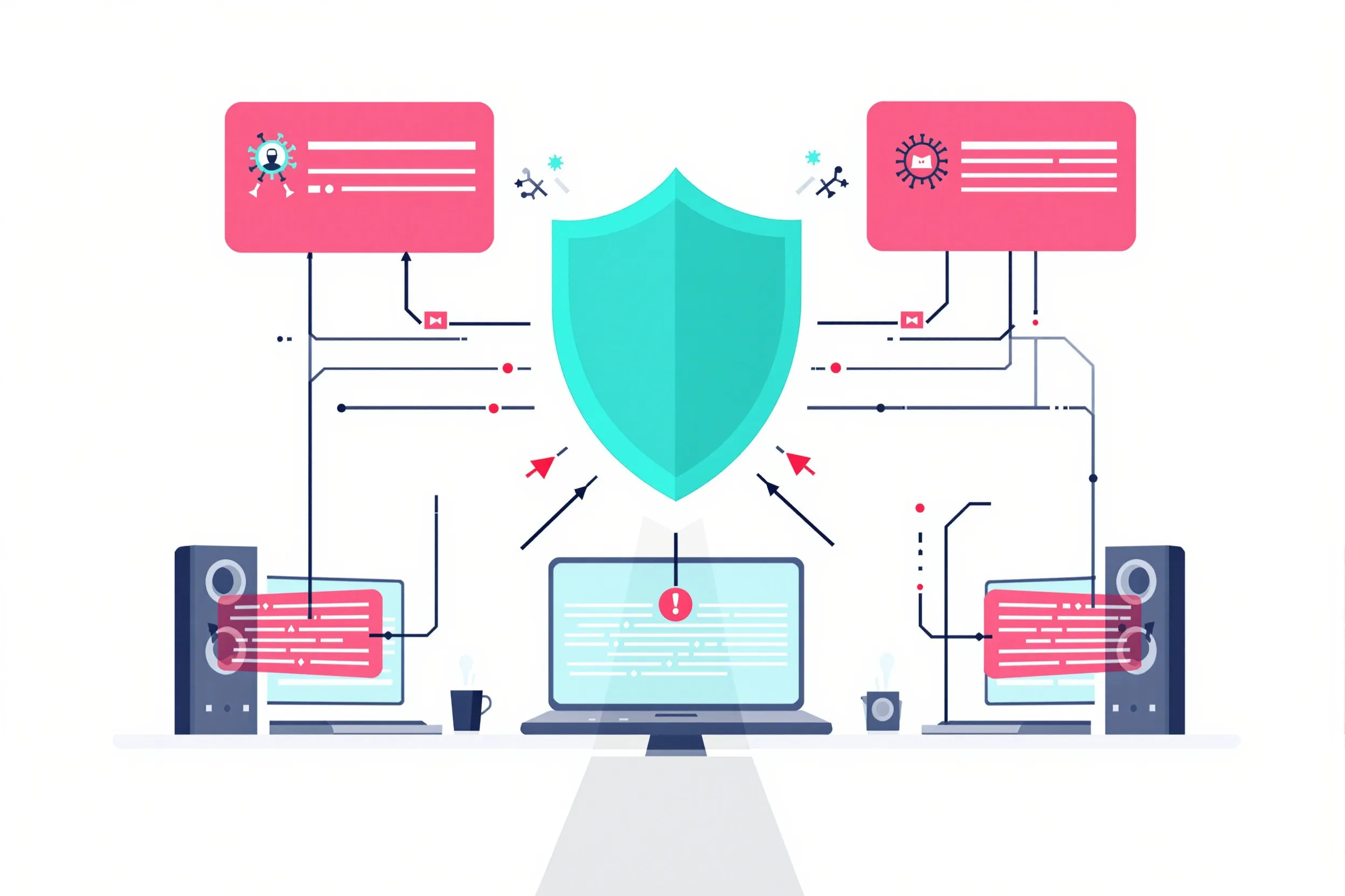 UTMがネットワーク入口でサイバー攻撃をブロックする概念図